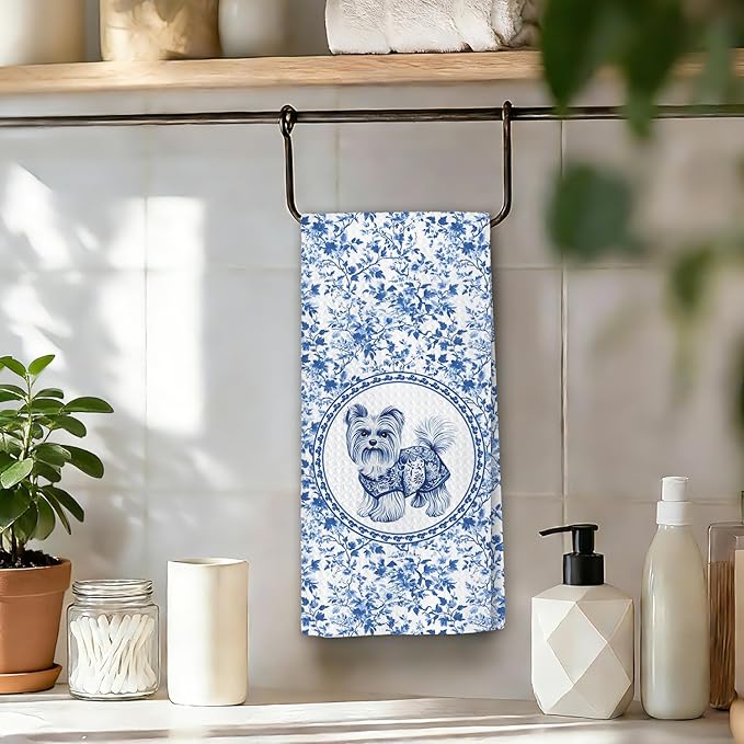 Chicimln Chinoiserie Yorkshire Terrier Kitchen Towels, Gifts for Yorkie Lovers Decorative Hand Towels for Bathroom, Blue and White Dog Dish Tea Towel Drying Cloth for Kitchen Decor,16x24 Inch,set of 2