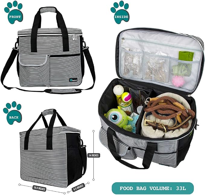 PetAmi Dog Travel Bag Organizer, Pet Supplies Tote, Stripe Black Large | Pet Travel Kit with 2 Food Containers & 2 Collapsible Dog Bowls, Luggage Sleeve, Weekend Getaway Road Trip Camping Essentials