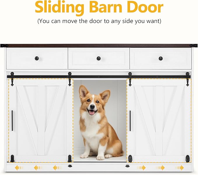 Lovupet Dog Crate Furniture, Wooden Large Dog Kennel with Barn Door and 3 Drawers, 55.1 inches Length Pet Crate Indoor, GC55