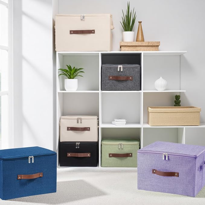 Storage Bins with Zipper Lid Decorative Lidded Storage Boxes | Collapsible Cotton Linen Fabric Storage Baskets, PU Leather Handle, Stackable Shelf Closet Organizer Container(Purple, Small)