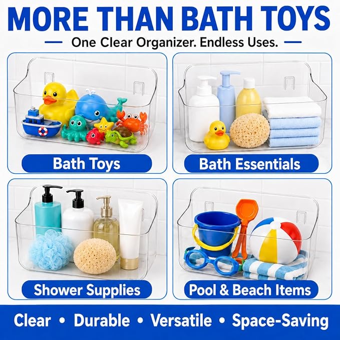 Bath Toy Organizer 2 Pack, Clear Bins with 4 Adhesive Hooks | Clear PET bath toy storage for bathtub and shower; large open bins mount without drilling and detach for easy cleaning.