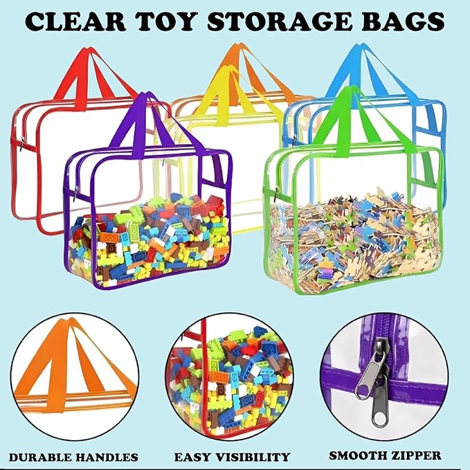 6 Pack Clear Toy Storage Bags with Zipper, Large Waterproof PVC Toy Organizer Bags for Kids, Reusable Puzzle Storage Pouches for Board Games, Books, Blocks and Classroom Supplies