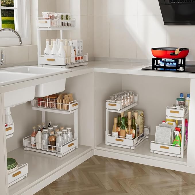 Under Sink Organizer Kitchen - Upgraded Professional Rails, 2 Tier Dual Pull Out Cabinet Storage, Height Adjustable Under Sink Storage, Metal Sliding Drawer for Kitchen & Bathroom, White, 1 Pack