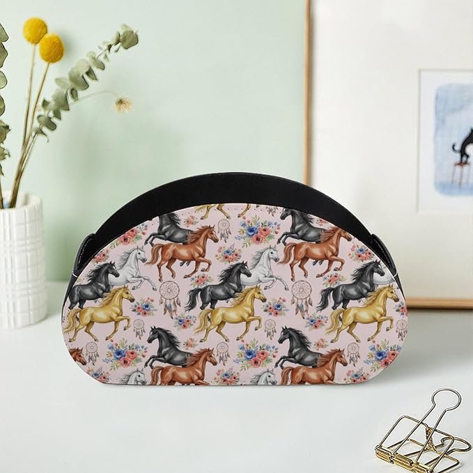 Remote Control Holder Horse Flower Pink Floral 5-Slot Storage Caddy Box | Makeup Brush Organizer, Pu Leather, Horse Flower Pink Floral Desktop Accessory for TV Remotes Media Player