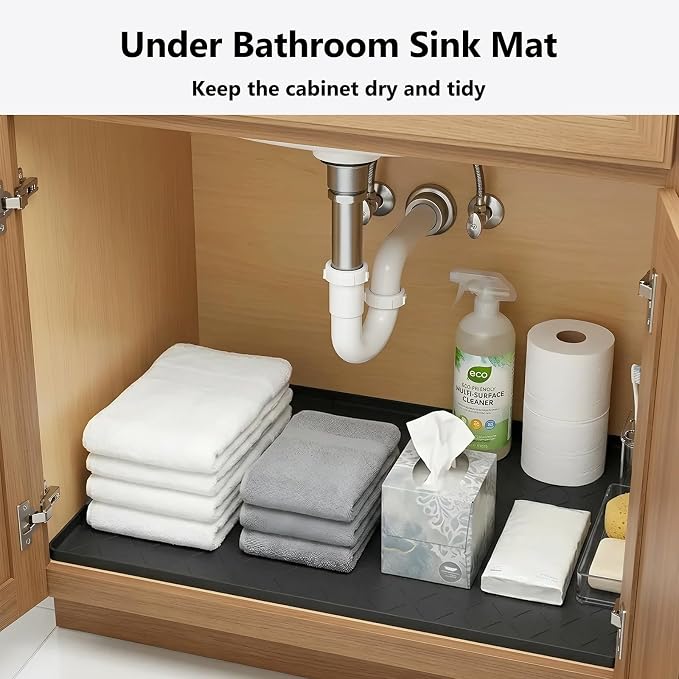 Mateeylife Under Sink Mat Kitchen Waterproof, Silicone Sink Tray 22"X31" | Under Sink Organizer Cabinet Shelf Protective Liner, Multi-use Silicone Mat for Boot Tray & Litter Mat, Classic Black