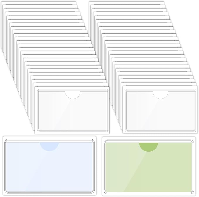100 Packs Adhesive Label Storage Bin Pockets Clear Plastic Index Card Pockets Sleeves Adhesive Pouches Card Holders with Top Opening for Storage Bins, Library, Office (3.7 x 2.28'')