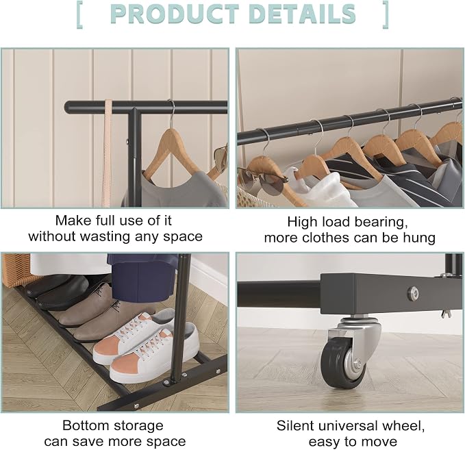 Sywhitta Double Rod Metal Clothing Garment Rack on Wheels, Black | Rolling Clothes Organizer, for Hanging Clothes,Coats,Easy to Assemble,Space-Saving,Mobile Organizer for Closet