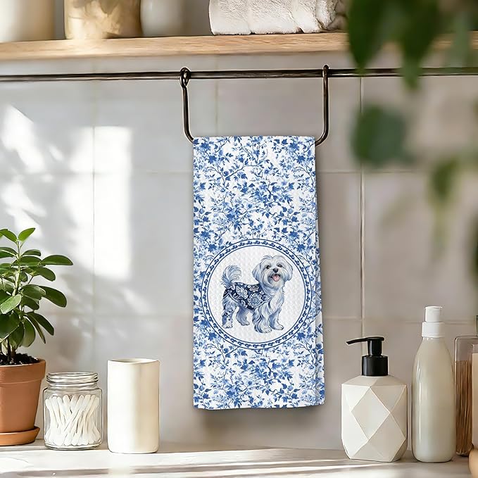 Chicimln Chinoiserie Maltese Dog Kitchen Towels, Maltese Lover Gifts Decorative Hand Towels for Bathroom, Blue and White Dog Dish Tea Towel Drying Cloth for Kitchen Decor,16x24 Inch,Set of 2
