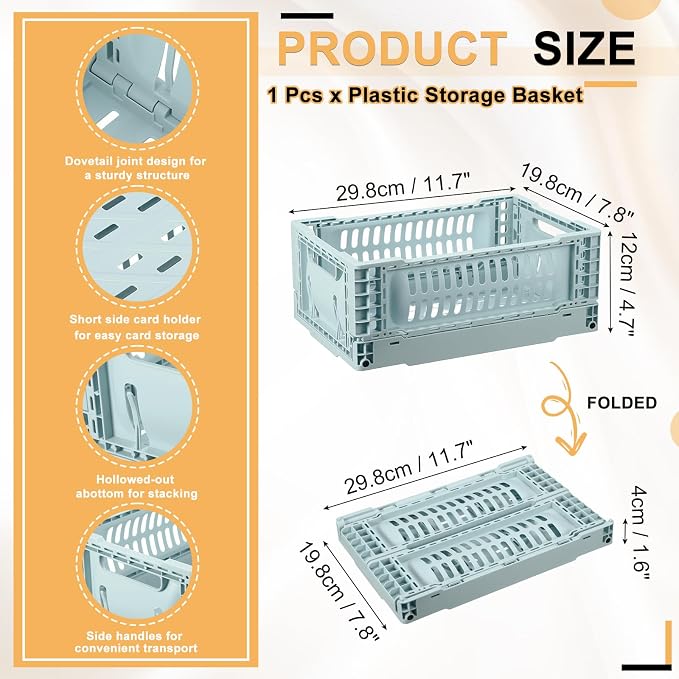 uxcell Collapsible Crates, 11.7x7.8x4.7 Stackable Plastic Storage Baskets with Handle Small Storage Containers for Bedroom Office Classroom Bathroom Desktop Organizer Decor, Light Blue