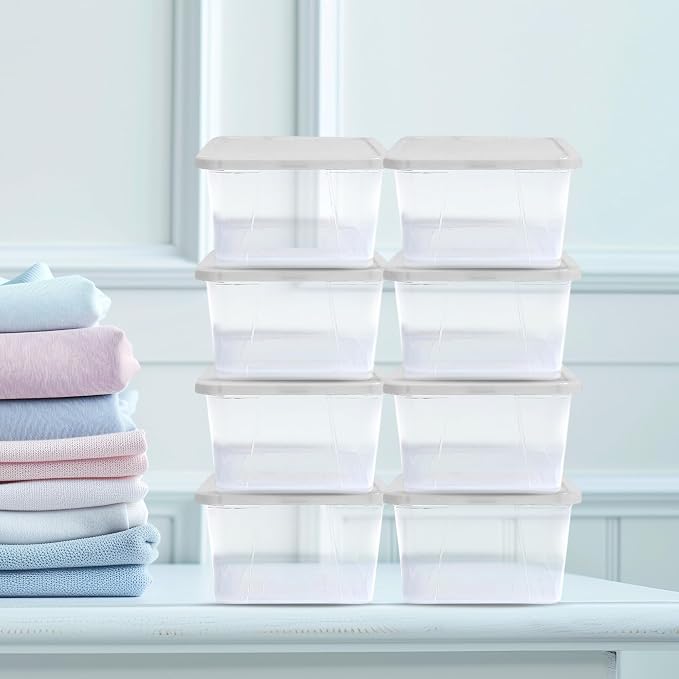 HOMZ Clear Plastic Storage Bins w/Snaplock Lids, 6 Qt, White, 10 Pack | Stackable Container Set for Home, Office Shelves, Kitchen, Garage, and Bathroom Organization