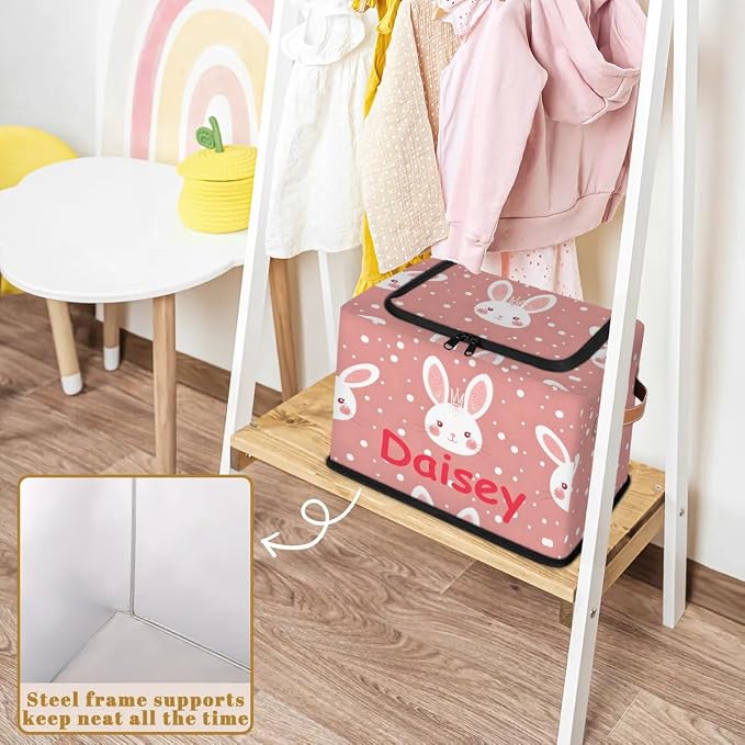 Custom Cute Rabbits Storage-Bin With Zipper Lid for Kids-Girls-Boys-Baby-Pet,Personalized Name Foldable Storage Box with Handle,Baby Basket With Label for Bedroom Nursery Toy Clothes,Pink
