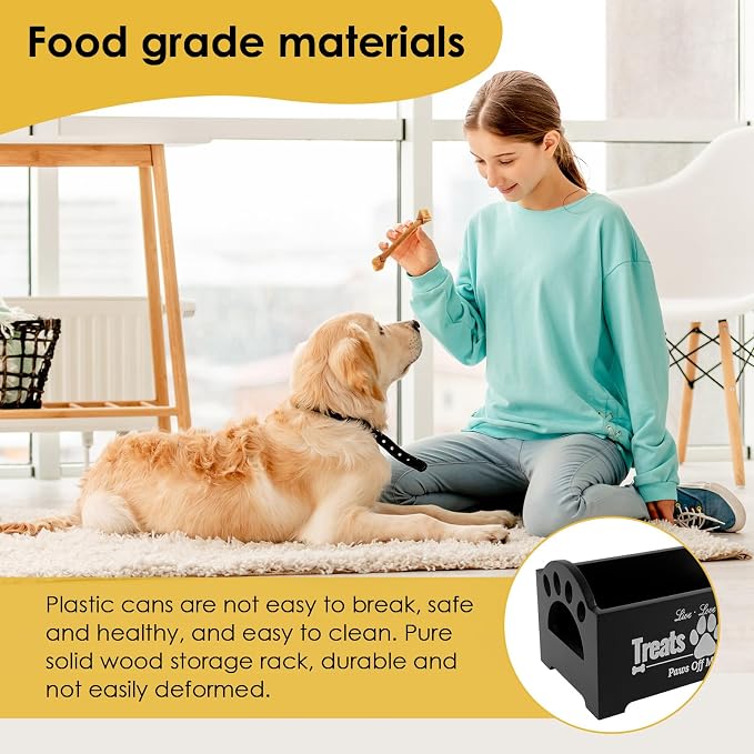 UKQRRTC Wood Dog Treat Container with Jars and Stickers Anti Deformation Space Saving Dog Treat Organizer Dog Treat Station for Countertop (Black)