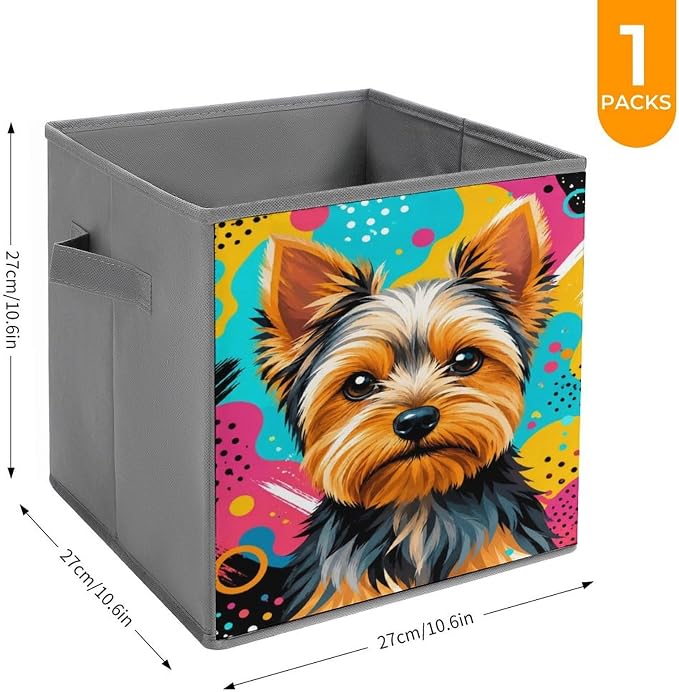 Yorkie Dog Art Storage Bin with Handles, Oxford Fabric Foldable Storage Cube Organizer for Clothes, Towels, Bedroom, Living Room, Home Organization