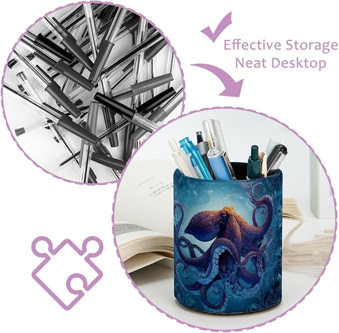 Faux Leather Pen Holder for Desk, Pencil Organizer octopus Pen Cup Desk Decor Makeup Brush Holder Storage for Office Home