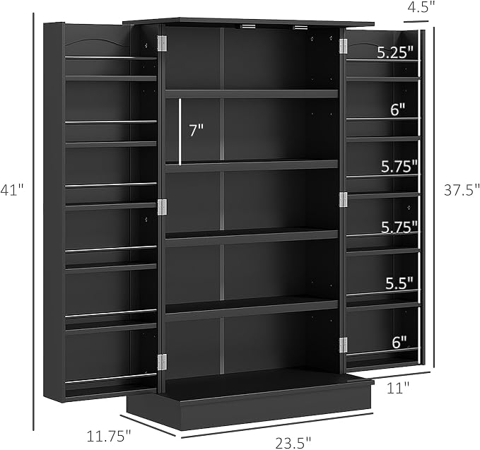 HOMCOM 41" Kitchen Pantry Storage Cabinet 12 Door Shelves Black | Freestanding Kitchen Cabinet, 2 Doors, 5-Tier Shelving, Adjustable Shelves