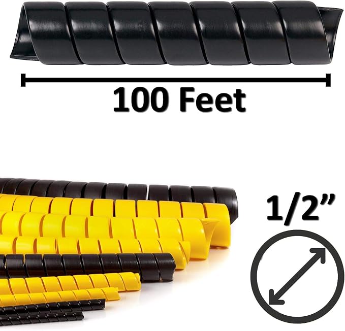 Electriduct 1/2 Inch Heavy Duty Spiral Wrap HDPE Flexible Plastic Cable Sleeve Hose Protector - 100 Feet - Black