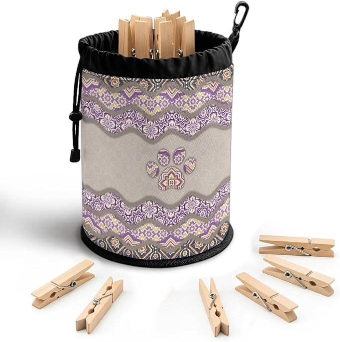 Laundry Clothespin Organizer Bag, Boho Pattern Dog Paw Drawstring Peg Storage Pouch with Hanging Loop, Portable Clips Holder for Drying Rack, Camping, Beach, Dorm