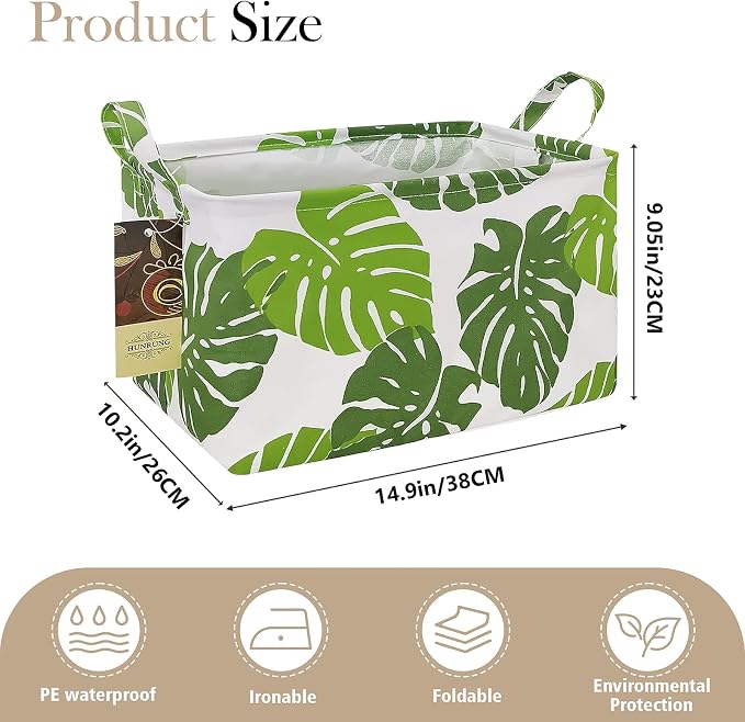 Rectangle Foldable Storage Basket Handles For Home, Leaf | Waterproof canvas material, reinforced handles, perfect for shelf use, organizes clothes, daily items and pet supplies