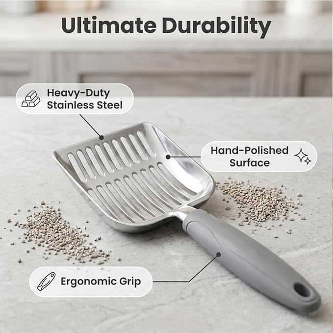 4-in-1 Cat Litter Scoop with Holder, Cat Litter Box Organizer Cleanup Kit - Portable Small Broom and Dustpan Set, Metal Kitty Litter Scooper and Storage Caddy (Gray)