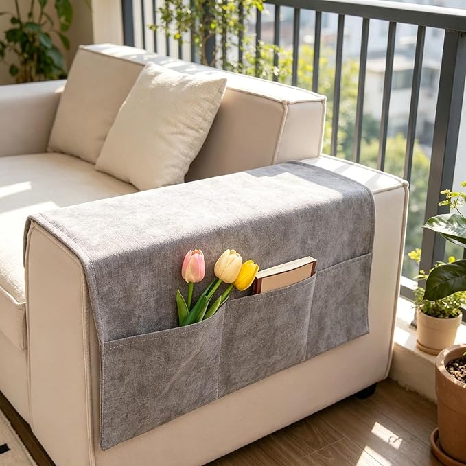 Sofa Armrest Cover with Pockets Set of 2 Solid Color Furniture Protector Slip Chenille Non Slip Recliner Organizer Remote Holder Caddy Accessories for Living Room Bedroom 24*43.3 Inch Dark Gray