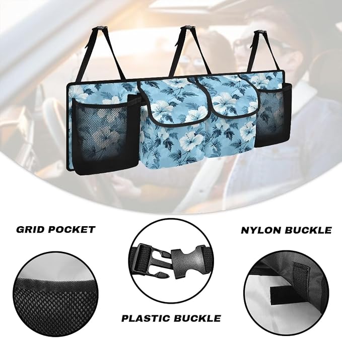 Dreaweet Blue Hibiscus Flower Trunk Organizer for Car Women Hanging Back Seat Storage with 4 Pockets Collapsible Car Cargo Trunk Storage Organizer Bag for Truck,SUV,Van with Adjustable Straps