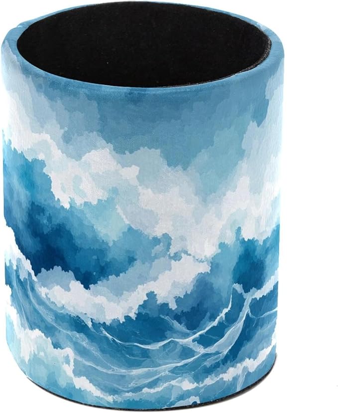 Faux Leather Pen Holder for Desk, Pencil Organizer Blue Ocean Waves Pen Cup Desk Decor Makeup Brush Holder Storage for Office Home