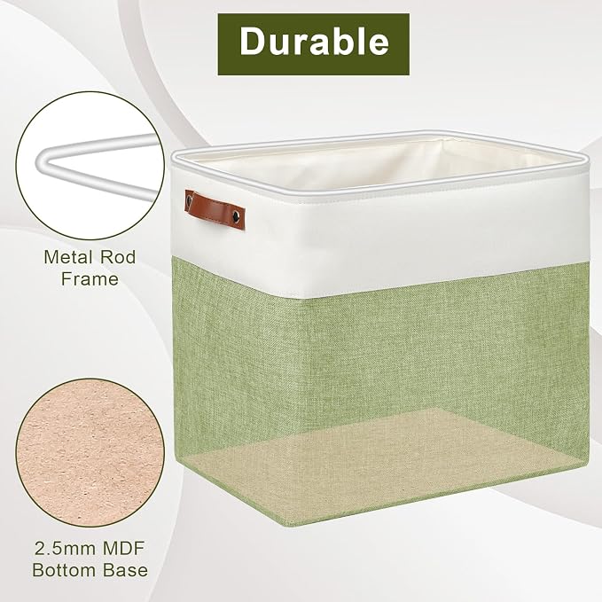 Bagnizer Large Fabric Storage Baskets | 50L Storage Bins, Decorative Linen Closet Baskets with Handles for Organizing, Shelf, Toys, Clothes, Home, Office, Nursery, 17x12x15Inches (Green&White)