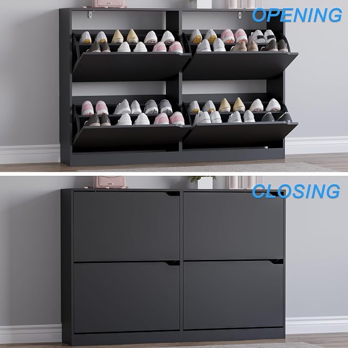 BORNOON Shoe Cabinet with 4 Flip Drawers, Narrow Hidden Shoe Storage Cabinet, Slim Freestanding Shoe Rack Organizer for Entryway, Hallway, Bedroom, Living Room