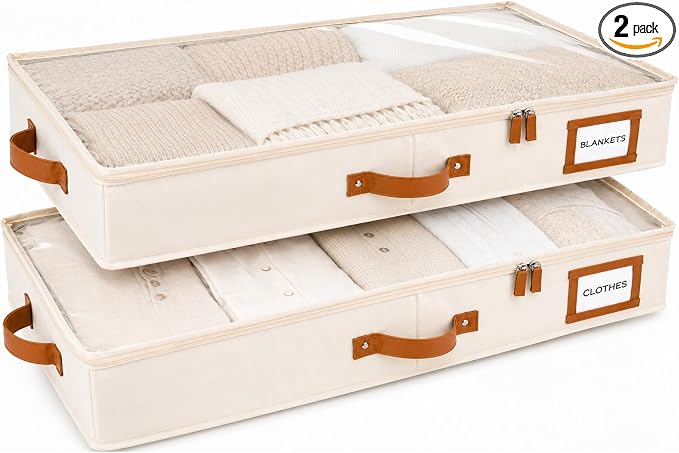 HOMELUX THEORY Under Bed Storage, Low Profile 2pc with Lid, Ivory | Slim fit for low-clearance beds & couches, Fits seasonal clothes, blankets & shoes, Bins with lids, Space-saving storage