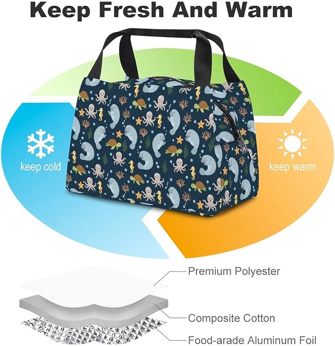 Leakproof Insulated Tote, Cute Gray Manatee | Large Capacity Lunch Bag, Cooler Tote Handbag for Work Picnics Camping, Cute Sturdy Meal Bags
