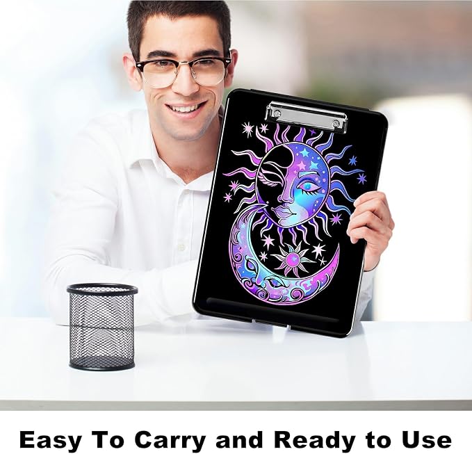 Purple Moon Sun A4 Clipboard with Storage Pen Holder, Clipboards Organizer Nursing Clipboard Foldable File Folder Plastic Clipboard Folio Clip Board for Office Students Classroom Doctor