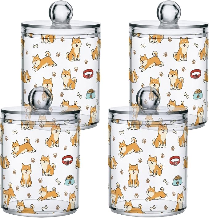 DOMIKING 2 Pack Plastic Cotton Swab Ball Pad Holder Cute Pets Dog White Print Jars Bathroom Storage Organizer Holder Canisters with Lid for Floss Picks Bath Salts Hair Accessories