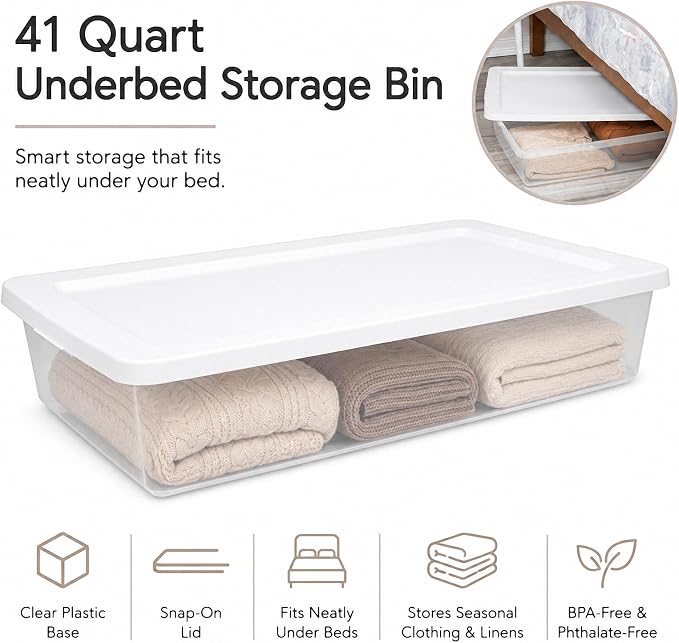 41 Quart Medium Storage Bin, Clear Plastic Underbed Storage (2-Pack) | Clear Body For Visibility, Low Profile Design, Container with Snap-On Lid, , Stackable, Underbed Fit, White