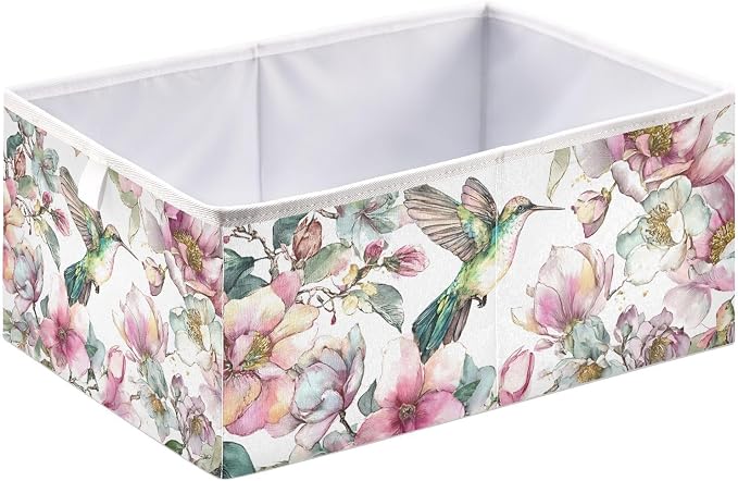 Hummingbird Cube Storage Bins Watercolor Floral Collapsible | Fabric Storage Baskets Large Clothes Organizer Box for Bedroom Living Room Study Room 11×11×11 In