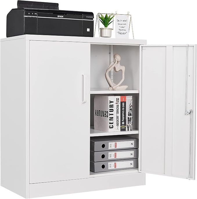 Metal Garage Storage Cabinet with 2 Doors and 2 Adjustable Shelves - 35.5" Steel Lockable File Cabinet for Home Office,Garage,Gym,School (White)