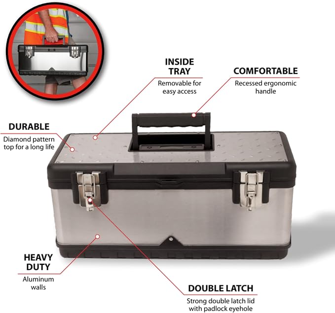 Performance Tool W54020 20 in. Heavy Duty Steel Tool Box with Tray | Portable metal toolbox. Removable inner tray. Recessed ergonomic handle. Double latch with padlock eyehole