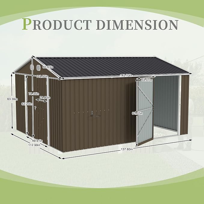10x12 FT Metal Storage Shed, Large Storage Shed with Lockable Doors and Sloped Roof, Outdoor Tool Shed with Ample Ventilation for Garden, Lawn, Backyard, Coffee