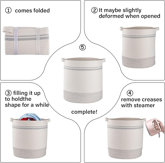 OIAHOMY 80L Laundry Basket, Laundry Hamper, Cotton Rope Storage Basket with Handles, Decorative Woven Basket for Living Room,Storage Baskets for Clothes, Blankets, and Toys -20''×18'', White&Gray | Tall Dirty Clothes Hamper with Handle,Blanket Basket,D...