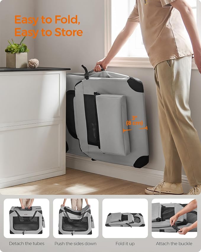 Feandrea Collapsible Soft Dog Crate, Portable Travel Carrier, 32 Inches | Dog Kennel with Safety Zippers, for Indoor and Outdoor Use, Smoke Gray, UPDC090G02