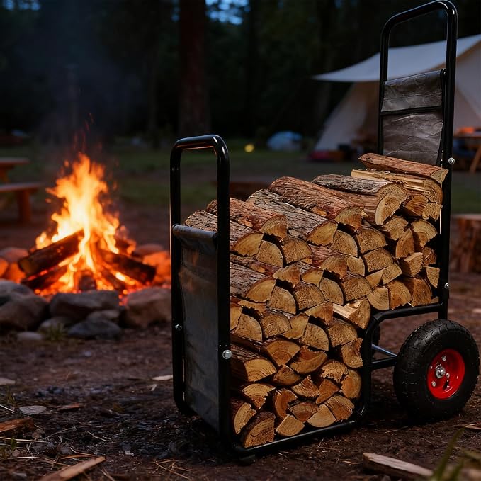 Doublehorse Firewood Cart 27x20x44 in Steel Pneumatic Wheels Gray | Heavy Duty Metal Waterproof Portable Storage Rack for Outdoor Camping Backyard Fireplace Indoor Use