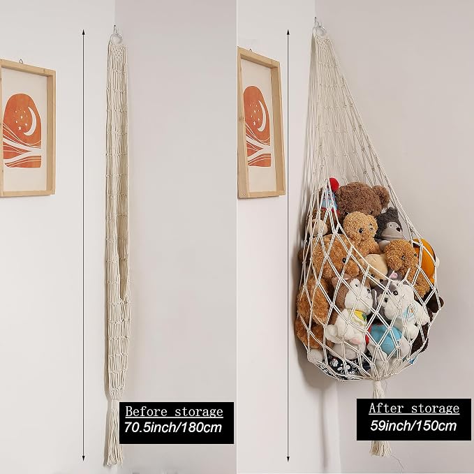 Amdermi Stuffed Animal Storage Organizers Toy Hammock Corner Hanging Net Stuffy Animal Hammock Macrame Toy Display Plush Toy Holder Wall, Kid Bedroom Decor Boho Nursery Playroom Organizer (Cream XL)