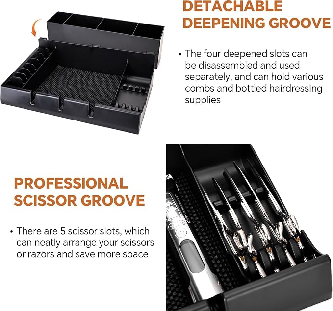Barber Clippers Station, 15 x 11.8 x 4.3 inch Removable Tray Featuring Dedicated Clippers & Guards Slots and Scissor Razor Slots, for Barber&Salon and Home Stylist Accessories Station Organizer