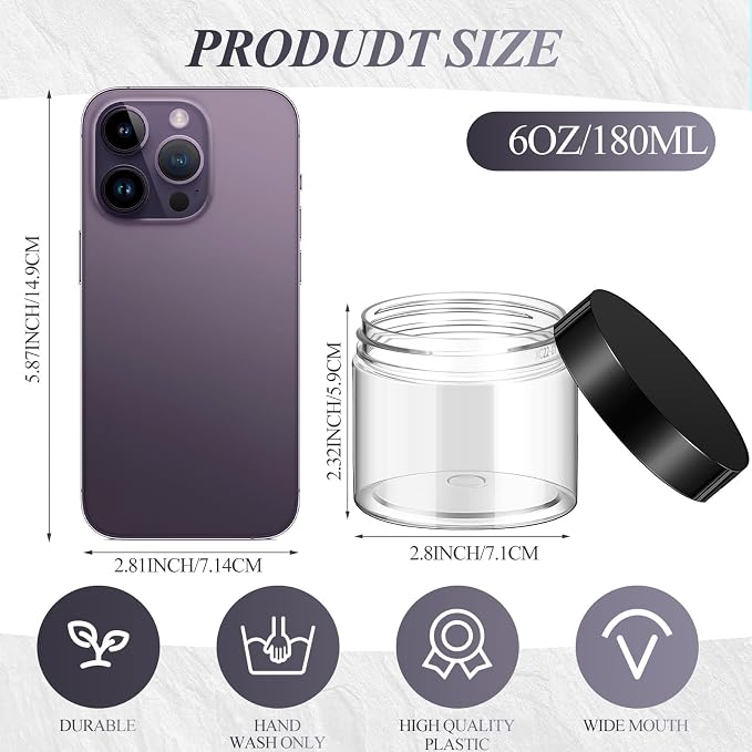 Patelai 60 Pcs Plastic Containers with Lids, Round Leakproof Cosmetic Containers, Multipurpose Storage Jars for Makeup, Lotion, Ointment, Rhinestone Samples, Dry Food and Toiletries(Black,6 oz)