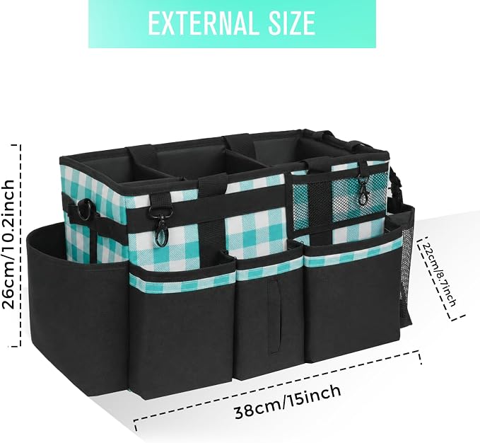 SCAVATA Wearable Cleaning Caddy, Cleaning Caddy Supplies Organizer with Handle & Shoulder Straps for Housekeepers, Under Sink & Car Cleaning Tool Organizers Bag with 4 Foldable Divider (BluePlaid)