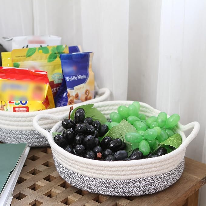 Sea Team 2-Pack Compact Woven Cotton Rope Storage Baskets, Mottled Gray | Knitted Decorative Organizer Bins with Handles, Portable Round Containers for Small Items, Keys, Makeup, Jewelry, Trinkets