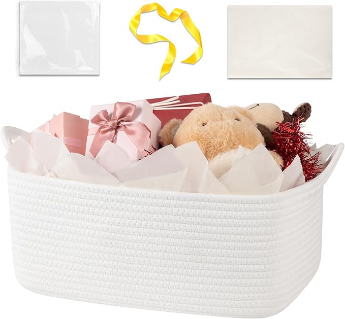 OIASKET Gift Basket Empty with Handle, Small Woven Baskets for Gifts Empty | 13.6"x10"x5.9", Baby Shower Toy Storage Baskets, Dog Toy Storage for Organizing, with Gift Bag Ribbon Tissue Paper
