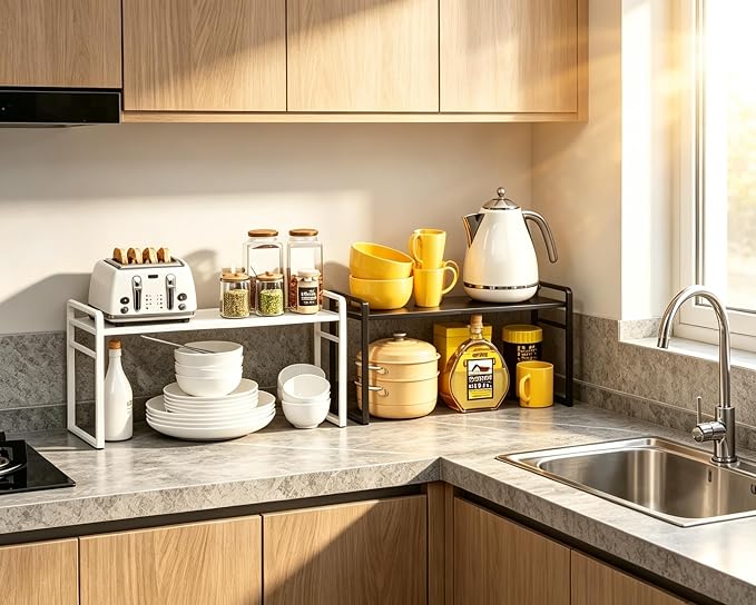 Expandable Cabinet Shelf Organizer Riser for Kitchen Under Sink Countertop | Expandable, metal , 0.8mm-thick shelves, suitable for cabinets, countertops, under-sink areas, and storage rooms