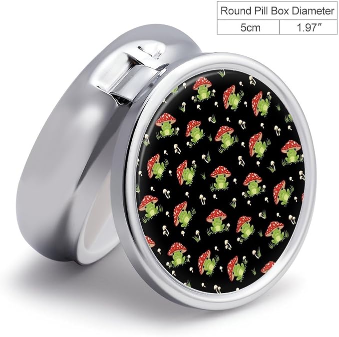 Pill Box with Mirror Cute Frogs Cartoon Mushroom Hats Round 3 Compartment, Metal Portable Pill Case for Purse Travel Supplements