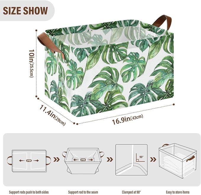 Green Tropical Leaves Spring Summer Leaf Storage Bins for Shelves with Labels&Handles Fabric Organizer Bin Foldable Rectangle Storage Basket Boxes for Closet, Bathroom, Home, Living Room