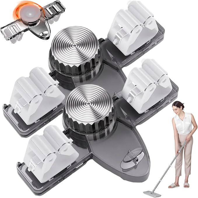 Broom Holder Wall Mount Suction Cup, 2pcs Suction Cup Broom Organizer with Hook, No Drill Wall Hanging Mops Storage Racks for Bathroom Kitchen Saving Space (Gray)